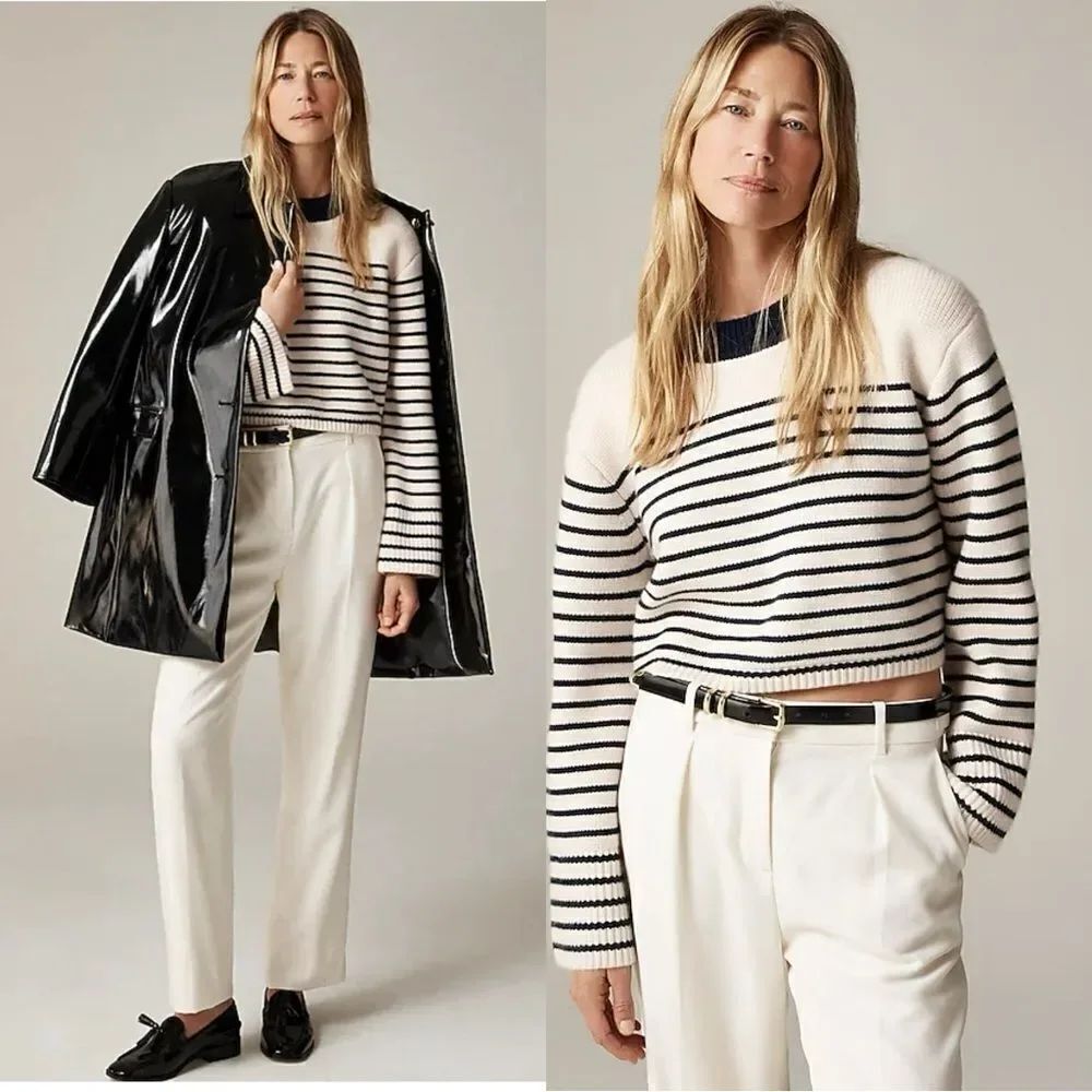 NWT J CREW Spring Street ribbed cashmere crewneck sweater in stripe Hthr Muslin